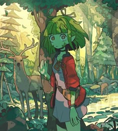 a girl with green hair standing in the woods next to some deer and another animal