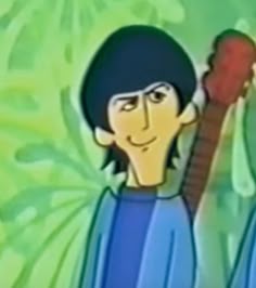 an animated image of a man with long hair and blue shirt holding a red object in his hand