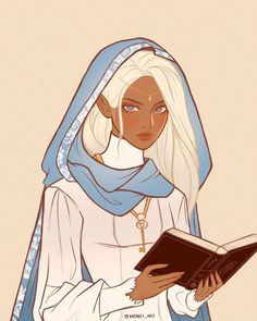 a drawing of a woman with white hair wearing a blue scarf and holding a book