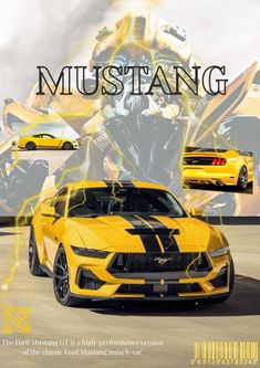a yellow mustang car is shown on the cover of muscleing magazine, with an image of a man riding a motorcycle behind it