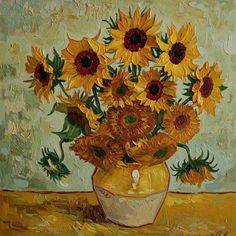 a painting of sunflowers in a vase on a table