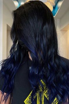 Black Hair With Blue Ombre, Blue Ombre On Black Hair, Dark Brown And Blue Hair Ombre, Blue To Black Hair Ombre, Black And Navy Hair, Dark Blue Ends, Black Hair With Blue Tips Ombre, Black Hair Blue Ombre, Dark Blue Ombre