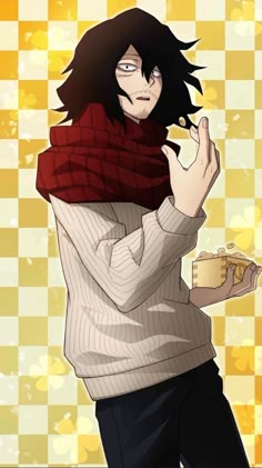an anime character with black hair and a scarf on holding a cup in his hand