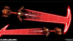 two red lights that are on top of a pair of skis in the dark