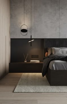 a bed sitting in a bedroom next to a night stand and lamps on the wall