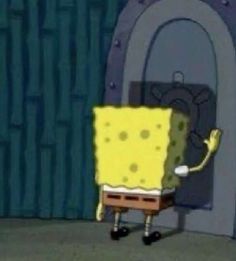 the spongebob is standing in front of an open door