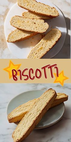 biscotti on a white plate with the words biscotti in red and yellow