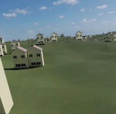 an animated image of houses in the middle of a field