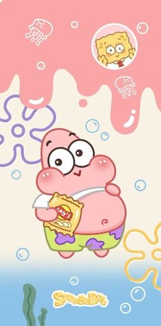 a cartoon character holding a piece of food in front of some bubbles and seaweed