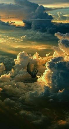 a bird flying through the clouds at sunset