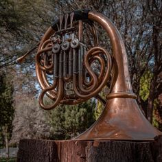 an old brass french horn is sitting on top of a tree stump