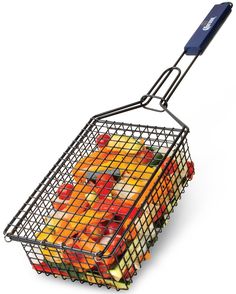 a shopping basket filled with lots of different types of fruit in it's handles