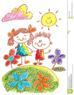 a drawing of two children in the grass with flowers and sun above them on a white background