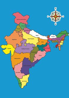 a map of india with all the states and their major cities in colorful colors on a blue background