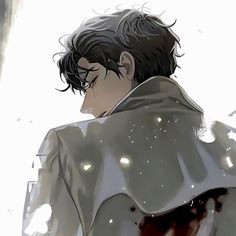 a man in a trench coat with blood on his face looking down at something behind him