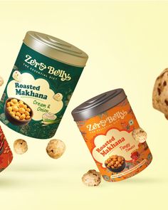 three different types of food are flying out of a can and into the air,