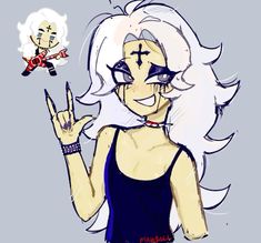 a drawing of a woman with white hair holding a peace sign