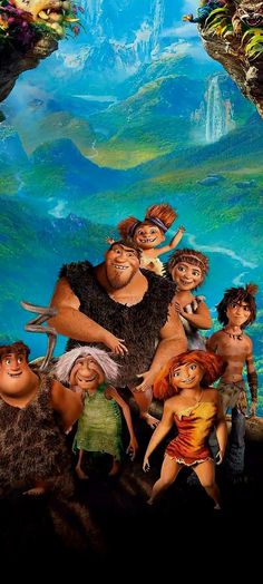 the crood family is standing in front of a waterfall with their arms around each other