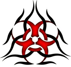 a red and black biohazard design on a white background