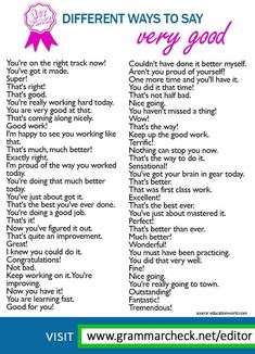 a poster with the words different ways to say very good in pink and blue text