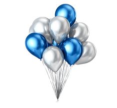 a bunch of balloons that are blue and silver