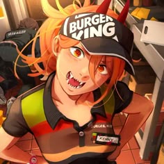 a woman with orange hair wearing a burger king shirt and black cap, standing in a kitchen