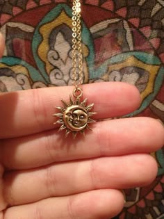 moon and sun necklace Sun And Moon Jewelry Aesthetic, Sun And Moon Necklace Aesthetic, Gold Hippie Necklace, Gold Hippie Necklaces, Sun Necklace Aesthetic, Vintage Sun And Moon Round Necklace, Vintage Sun And Moon Round Necklaces, Vintage Sun Necklace, Sun Pendant Aesthetic