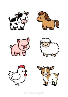 the farm animals are drawn in different colors
