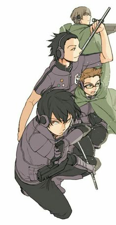 some anime characters are posing together for a photo with swords in their hands and wearing headphones