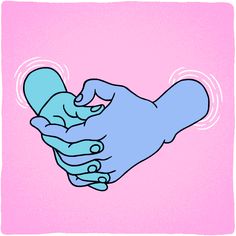 two hands holding each other over a pink and blue background with the shape of a heart