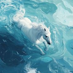 a painting of a white horse swimming in the blue water with its head above the water's surface