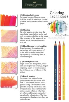 an advertisement for faber castel's coloring techniques, including pencils and markers
