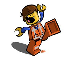 a cartoon character holding a wrench and wearing an orange safety vest with his hands in the air
