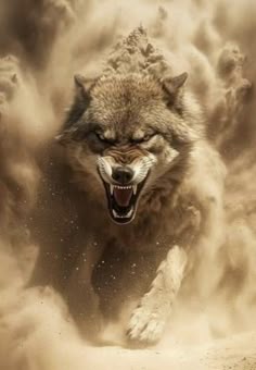 a wolf running in the sand with its mouth open