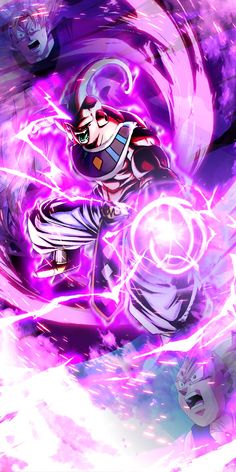 an anime character is flying through the air with his arms spread out and glowing purple