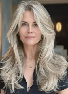 Long Layered Grey Hair, Long Ash Blonde Hair With Layers, Long Layered Gray Hair, Long Blonde Hair Over 50, Long Layers Over 50, Long Layers For Older Women, Long Blonde Hair Styles For Women Over 50, Long Platinum Blonde Hair With Bangs, Platinum Blonde Long Layers