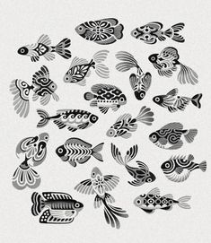 a bunch of fish that are on a white surface with black and white designs in the middle