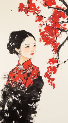 a painting of a woman standing under a tree with red flowers on it's branches