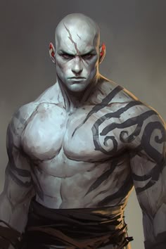 an image of a man with white paint on his face and chest, standing in front of a dark background