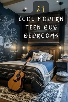 a bed room with a guitar on top of it next to a chalkboard wall