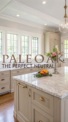 Elegant kitchen with Pale Oak Benjamin Moore cabinets, marble countertop, brass hardware, natural light, and floral arrangement on island.