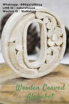 the wooden carved alphabet is on top of a rock with flowers and leaves around it