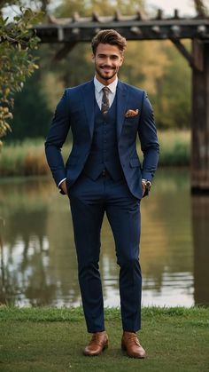 Classy Meets Contemporary: 21 Stylish Suits Every Modern Man Needs 44 Modern Suit Styles, Men Suits Style Wedding, Wedding Suits Men Blue, Groom Blue Suit, Navy Suit Wedding, Suit For Men Wedding, Blue Suit Wedding, Blue Suit Men, Dark Blue Suit