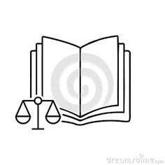 an open book with scales and a judge's gavel on the table line art