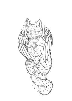 a black and white drawing of a cat with wings
