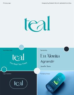the logo design for teal is shown in several different colors and sizes, including blue