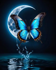 a blue butterfly flying over the water in front of a full moon with its wings spread