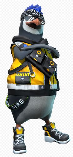 a cartoon penguin with some gear on it's back and one foot in the air