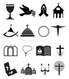 Church and Other Christian Symbol Icons Set vector illustration Christian Symbols Illustration, Black And White Religious Icons, Church Decoration Ideas, Collection Of Religious Symbols, Religious Education Resources, Christian Church Symbols, Church Symbols, Religious Symbols And Icons, Church Map Symbol