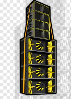 a computer tower with yellow and black wires on it's sides, against a white background